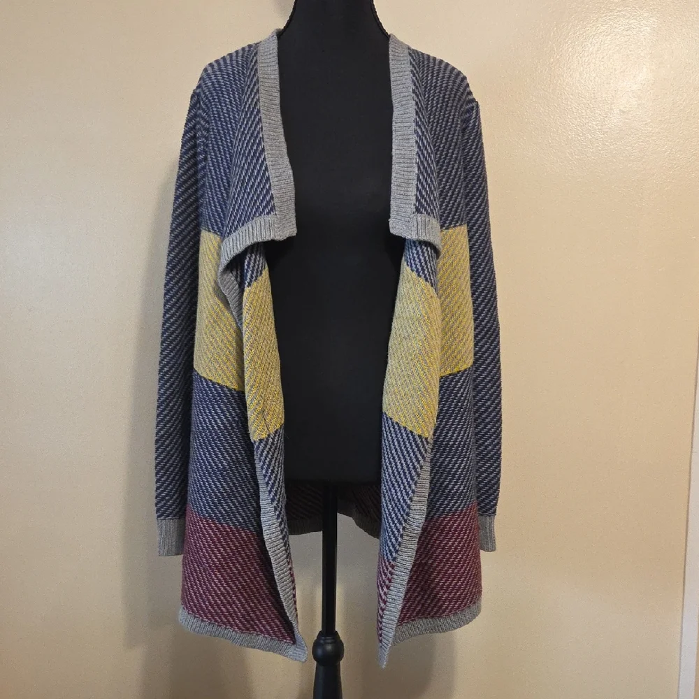 CAbi Cotton Colorblock Striped Cozy Warm Long Knit Cardigan Sweater Fall Medium